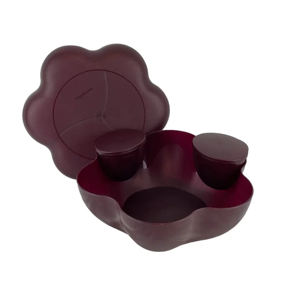 Tupperware Scallop Chip & Dip Serving Bowl #4624A w/2 Hanging Containers & Seals